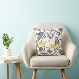 Trendig gul grå och vit blommig fågelmönster kudde