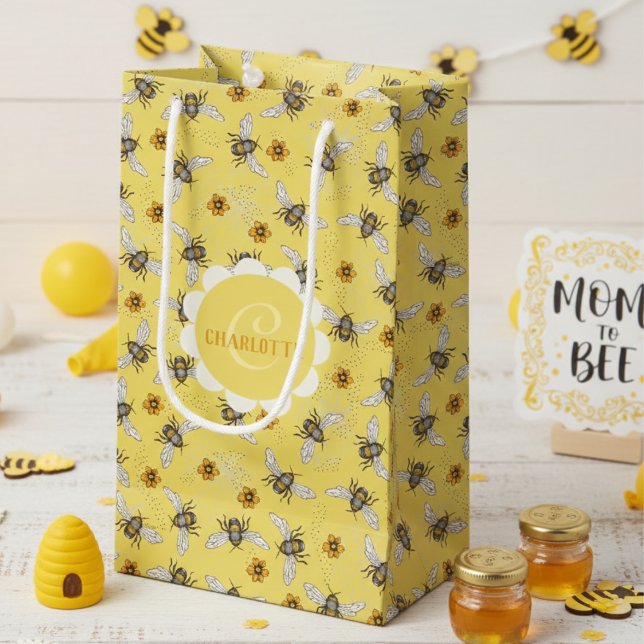 Trendig gul surrande vår- och sommarhonungsbi (Yellow Black Honeybees & Flowers Floral Gift Bag for Mom to Bee Baby Shower Summer Birthday for Her)