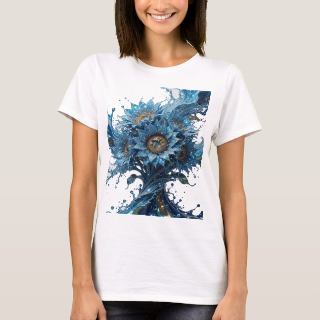 Trendig guld BLÅ BLOMSTEREXPLOTION 3D Text Konst T Shirt (Framsida)