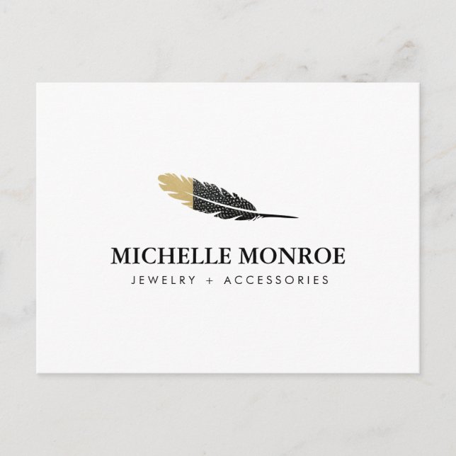 Trendig Guld (Boho Feather Designer White) Vykort (Framsida)