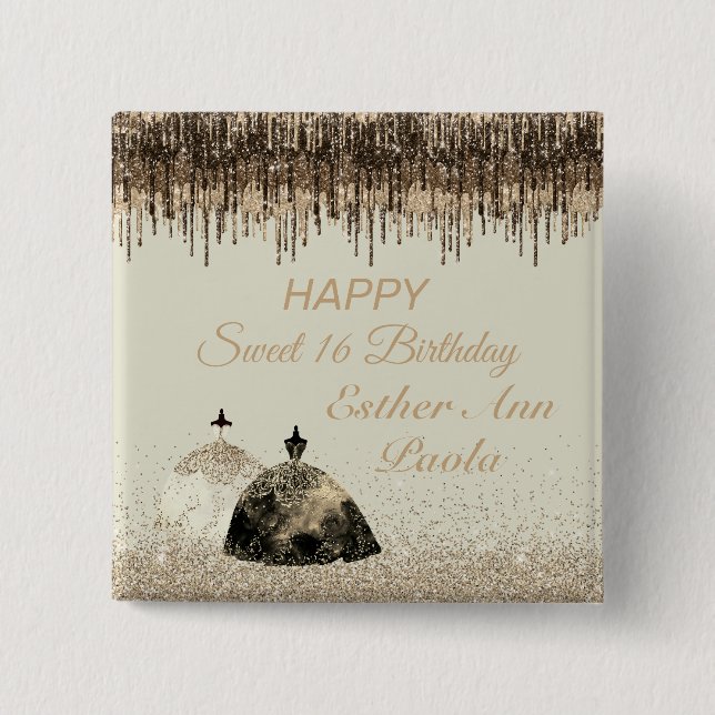 Trendig Guld Boll Gown Sweet 16 Birthday Drips Knapp (Framsida)