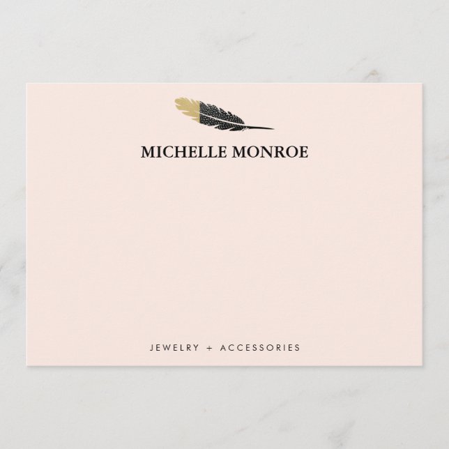 Trendig Guld Dipping Boho Feather Designer Rosa Anteckningskort (Framsida)