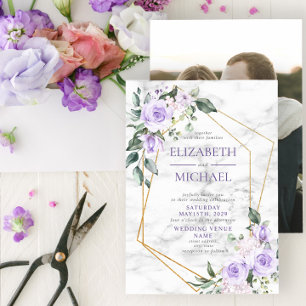 Trendig Guld Geometric Lilac Blommigt Marble Photo Inbjudningar