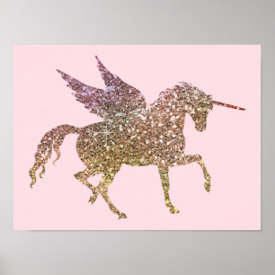 Trendig Guld Glitter Glans Enhörning Pegasus Häst Poster