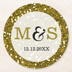 Trendig Guld Glitter Monogrammed Bröllop Underlägg Papper Rund