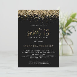 Trendig Guld Glitter Sweet 16 Födelsedagsfest Blac Inbjudningar