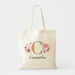 Trendig Guld Monogram Initial Brev ’C’ Blommigt Tygkasse