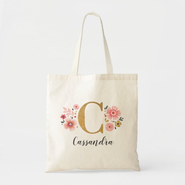 Trendig Guld Monogram Initial Brev ’C’ Blommigt Tygkasse (Framsidan)
