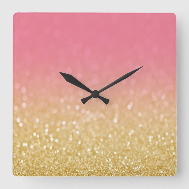 Trendig Guld Rosa Ombre Glitter Wall Clock Fyrkantig Klocka (Framsida)