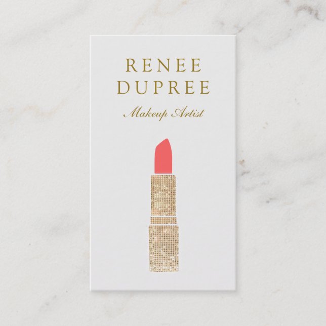 Trendig Guld Sequin Lipstick Logotyp Makeup Artist Visitkort (Framsida)