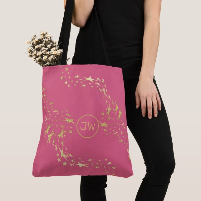 Trendig Guld Stars Monogrammed tote-bag Tygkasse (Närbild)