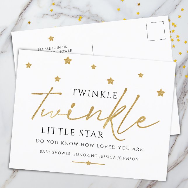 Trendig Guld Stars Twinkle Twinkle Baby Shower Inbjudan Vykort (Trendy Gold Stars Twinkle Twinkle Baby Shower Invitation Postcard)