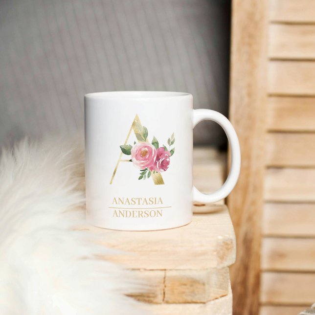 Trendig Guld vattenfärg Flower Brev A | Monogram Kaffemugg (Skapare uppladdad)