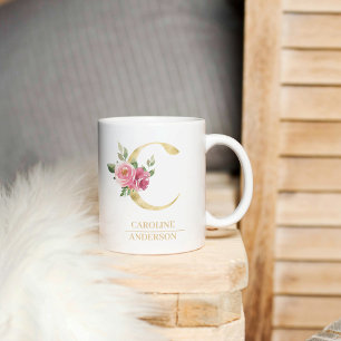 Trendig Guld vattenfärg Flower Brev C   Monogram Kaffemugg