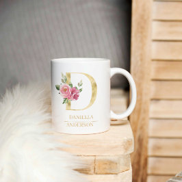 Trendig Guld Vattenfärg Flower Brev D | Monogram Kaffemugg