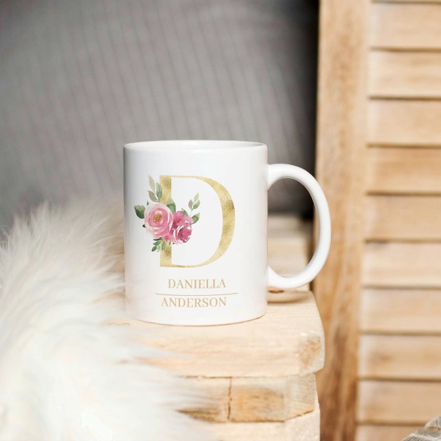Trendig Guld Vattenfärg Flower Brev D | Monogram Kaffemugg (Skapare uppladdad)