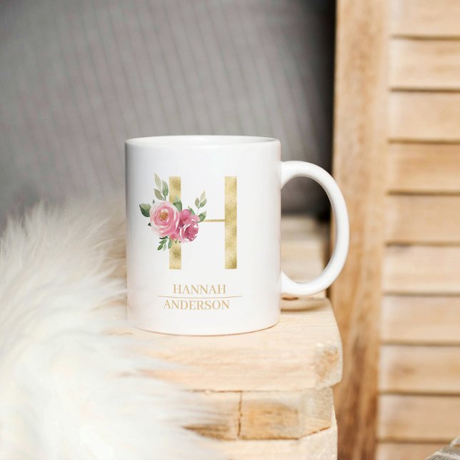 Trendig Guld vattenfärg Flower Brev H | Monogram Kaffemugg (Skapare uppladdad)