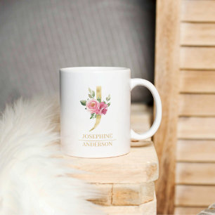 Trendig Guld vattenfärg Flower Brev J   Monogram Kaffemugg