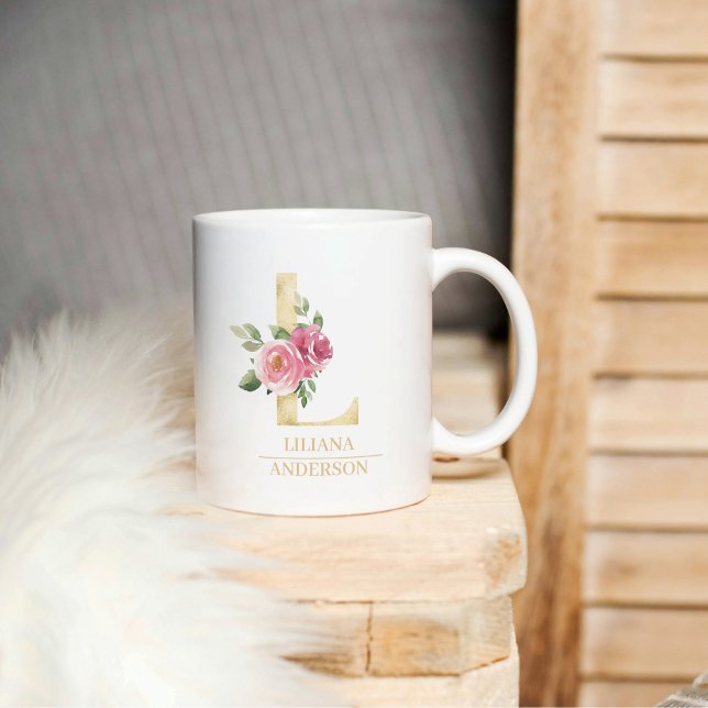 Trendig Guld vattenfärg Flower Brev L | Monogram Kaffemugg (Skapare uppladdad)