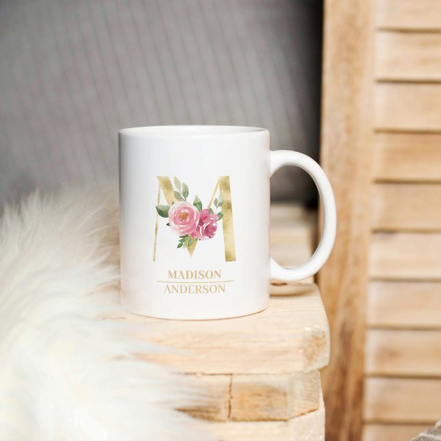 Trendig Guld Vattenfärg Flower Brev M | Monogram Kaffemugg (Skapare uppladdad)
