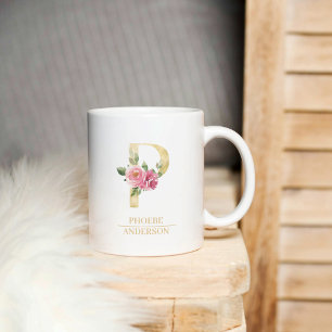 Trendig Guld vattenfärg Flower Brev P   Monogram Kaffemugg