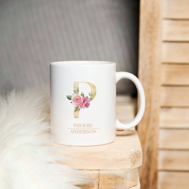 Trendig Guld vattenfärg Flower Brev P | Monogram Kaffemugg (Skapare uppladdad)