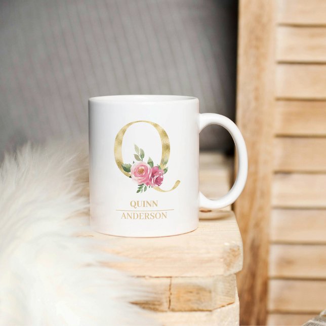 Trendig Guld vattenfärg Flower Brev Q | Monogram Kaffemugg (Skapare uppladdad)