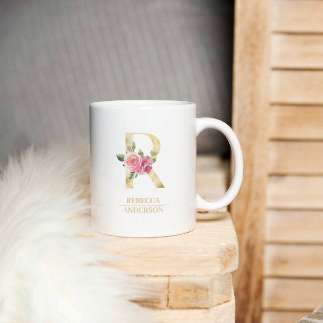 Trendig Guld vattenfärg Flower Brev R | Monogram Kaffemugg (Skapare uppladdad)