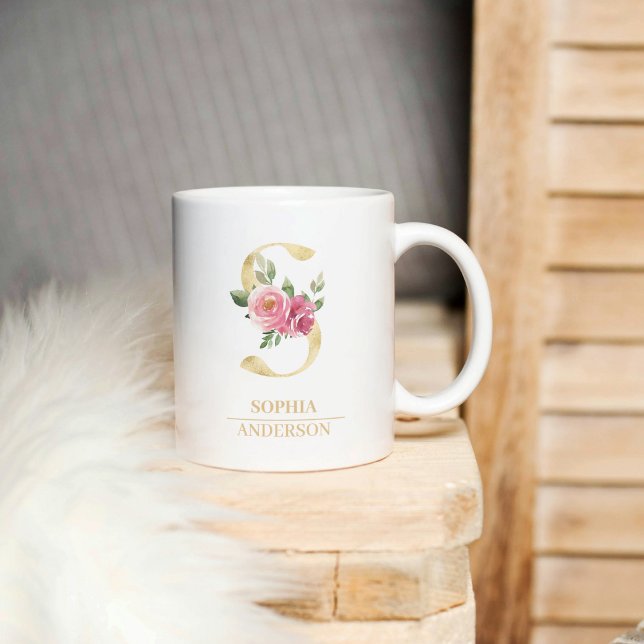 Trendig Guld vattenfärg Flower Brev S | Monogram Kaffemugg (Skapare uppladdad)
