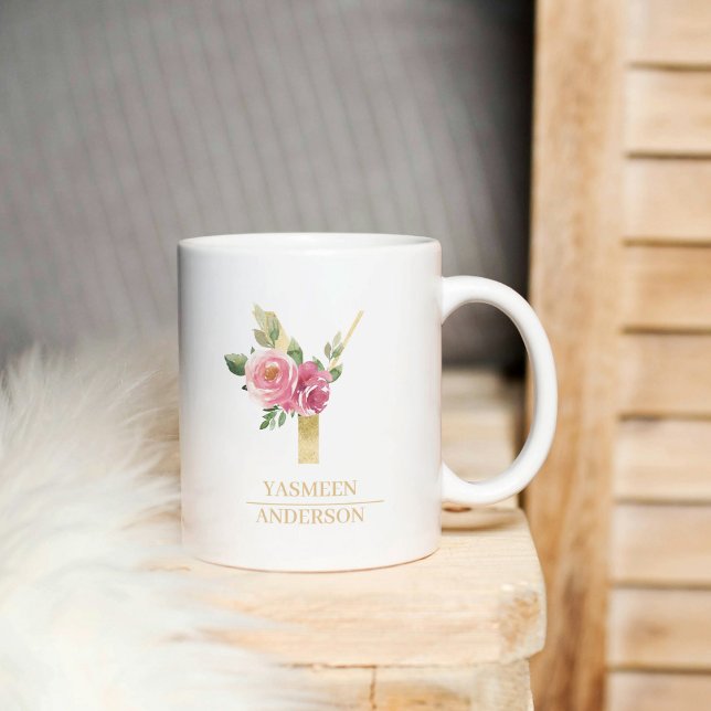 Trendig Guld vattenfärg Flower Brev Y | Monogram Kaffemugg (Skapare uppladdad)