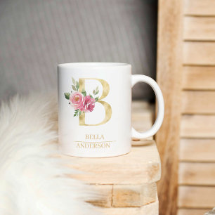 Trendig Guld vattenfärgsblomma Brev B   Monogram Kaffemugg