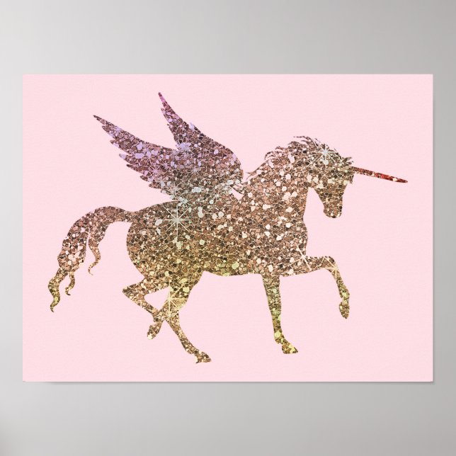 Trendig guldglitter Gnistrande Enhörning Pegasus H Poster (Framsidan)