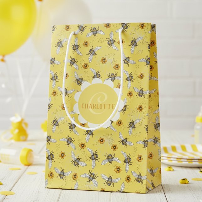 Trendig Gult Buzzing Vår & Summer Honeybee (Yellow Insect Bee Gift Bags for Mom to Bee Baby Shower or Bee Birthday. Honeybees, Flowers Pattern)
