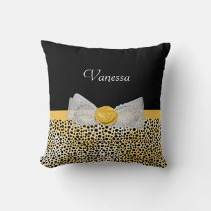 Trendig Gult Cheetah Skriv ut Finare Bow och Namn Kudde