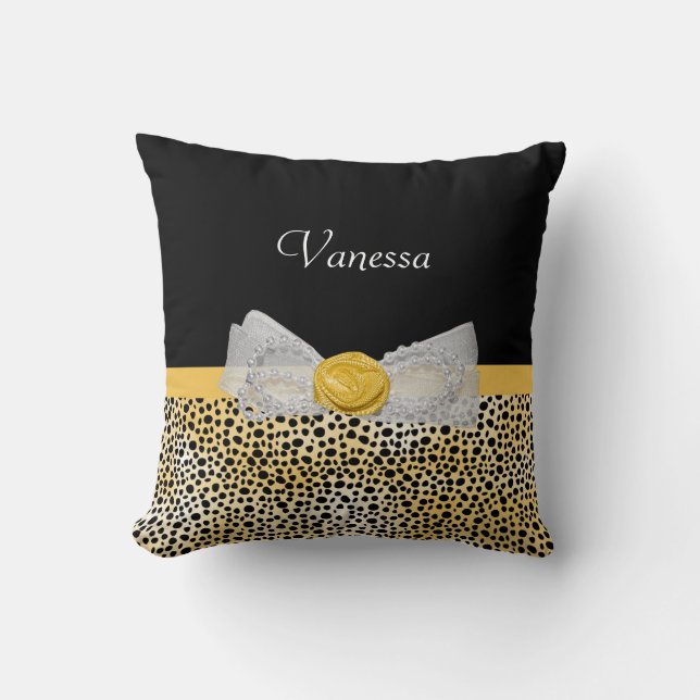 Trendig Gult Cheetah Skriv ut Finare Bow och Namn Kudde (Framsida)