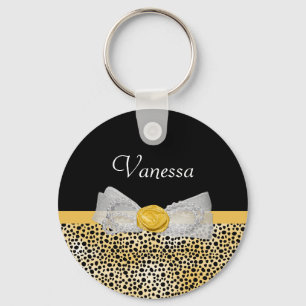 Trendig Gult Cheetah Skriv ut Finare Bow och Namn Nyckelring