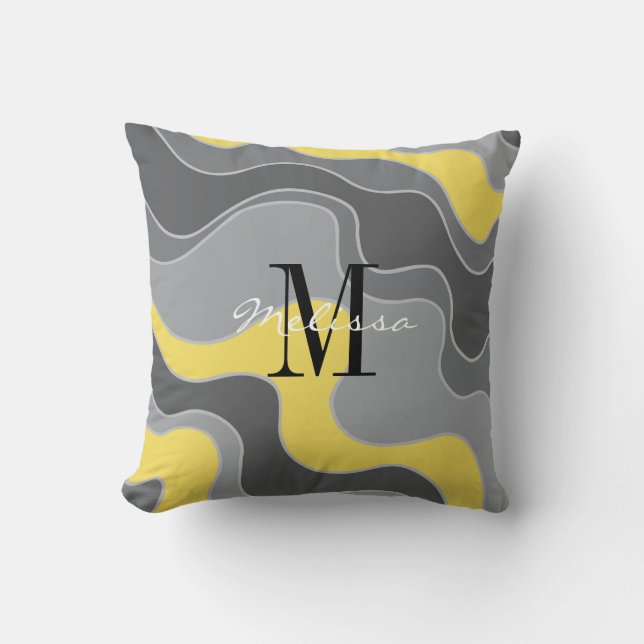 Trendig Gult och Grått Vågar Oceanen Monogramme Kudde (Framsida)