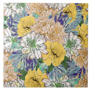Trendig Gult och Grönt Blommigt Girly Illustration Kakelplatta
