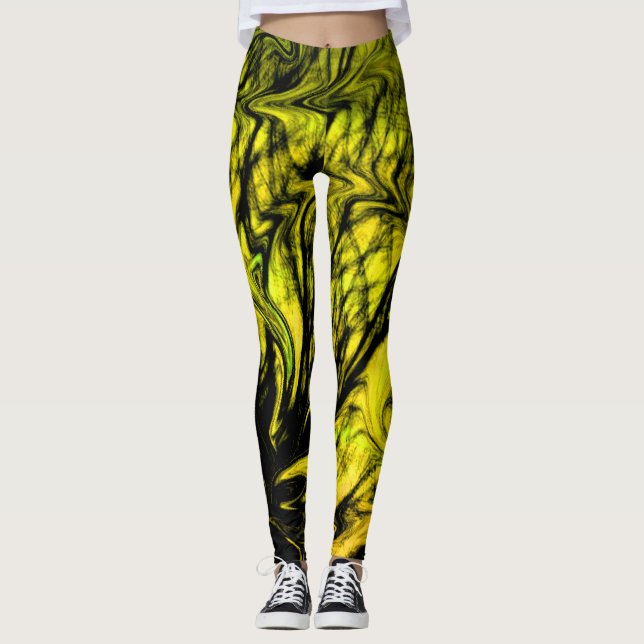 Trendig Gult och Svart Abstrakt Swirl-design Leggings (Framsida)