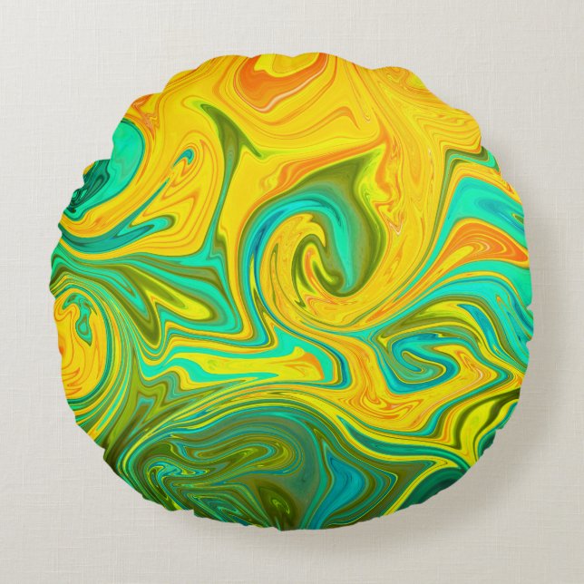 Trendig Gult Orange Grönt Abstrakt Swirl Rund Kudde (Framsidan)