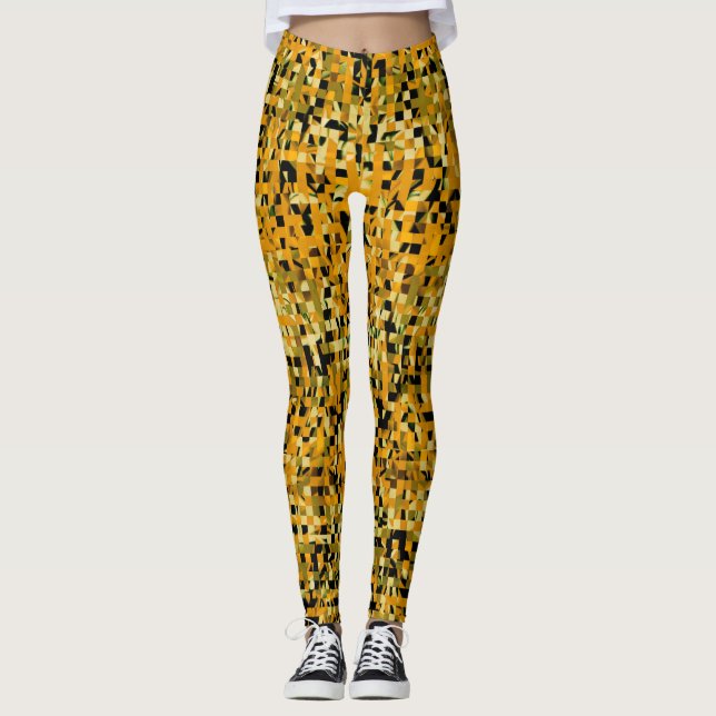 Trendig Gult Orange Grönt Black Pixel Mönster Leggings (Framsida)