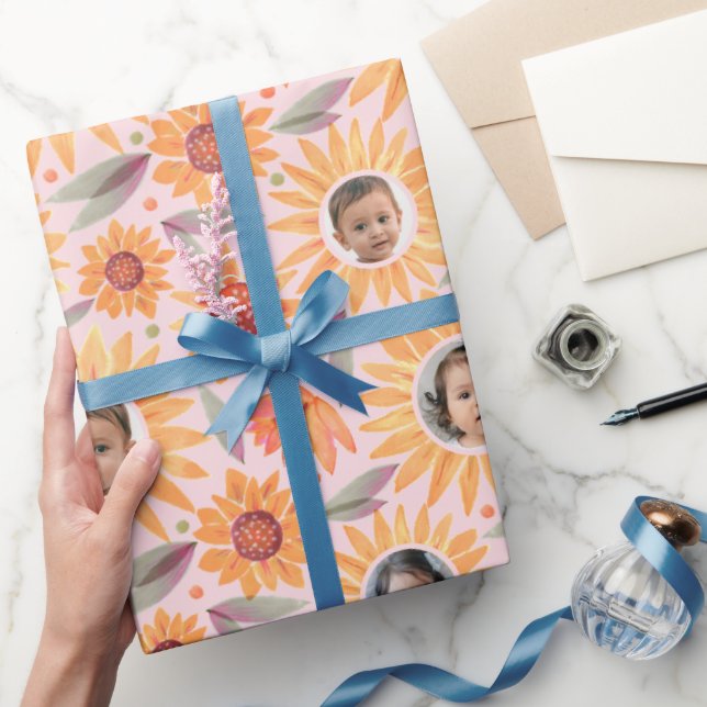 Trendig Gult Solblommor  Rosa 3 Foto Presentpapper (Gifting)