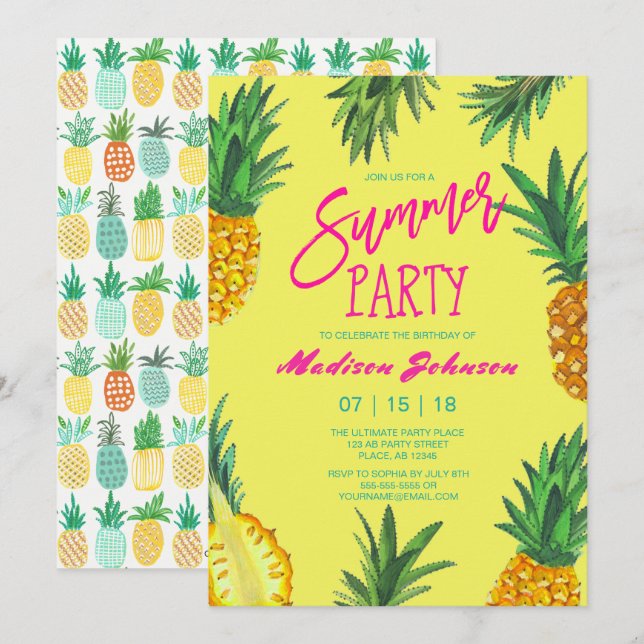 Trendig Gult, sommartid, Party | Ananas Inbjudningar (Fram/baksida)