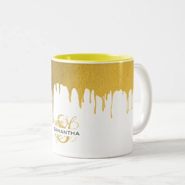 Trendig Gylden Metallisk Dropp Monogram Två-Tonad Mugg (Framsida höger)