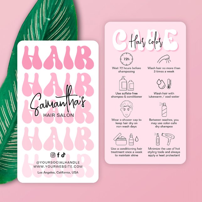 Trendig Hair Färg Aftercare Retro Rosa Hairstylist Visitkort (Trendy pink hair coloring customer care card with retro fonts and space for your hair salon details)