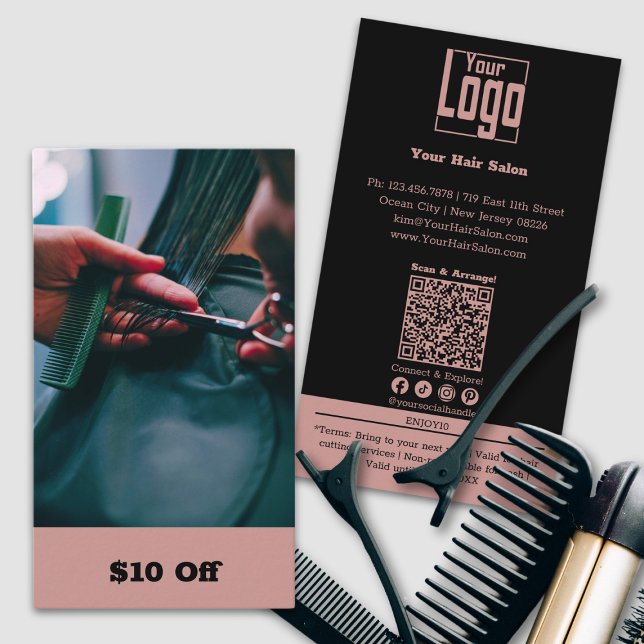 Trendig Hairdresser-bild $10 Av Rabattkort (Trendy Hairdresser Image $10 Off Discount Card, Custom Photo, Tuscany Pink & Black)