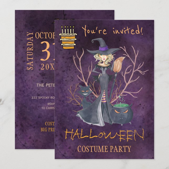 Trendig Halloween-vattenfärgshäxkonst party Inbjudningar (Fram/baksida)