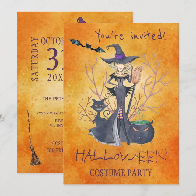 Trendig Halloween-vattenfärgshäxkonst party Inbjudningar (Fram/baksida)