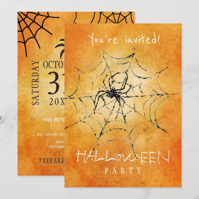 Trendig Halloween-vattenfärgskrynkspider och webbe Inbjudningar (Fram/baksida)