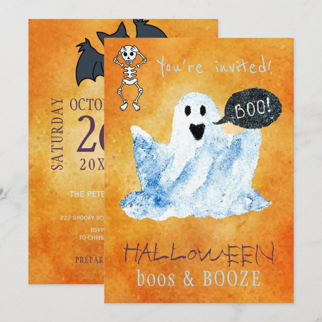 Trendig Halloween vattenfärgsspöket boos sprit par Inbjudningar (Fram/baksida)